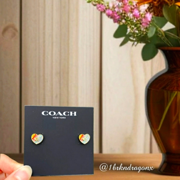 NWT NWB Coach Heart Earrings Paved Rainbow Heart Gold Multicolor Rainbow Sparkle - Picture 11 of 13